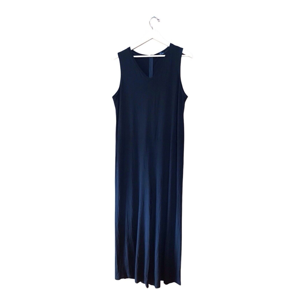 EILEEN FISHER Jumpsuit L V-Neck Sleeveless Jersey Wide Leg Back Zip Black USA‎